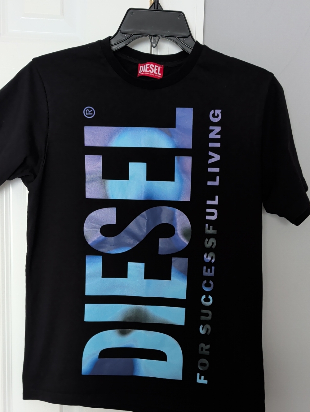 Diesel Black Short-Sleeve Tee with Blue Gradient Logo